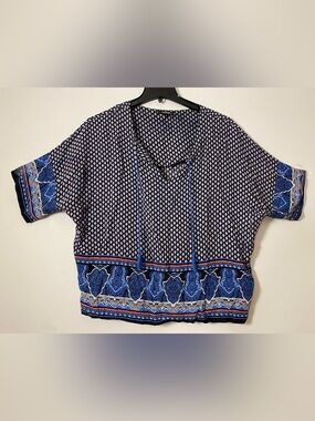 George Blue and White Geo-Print Peasant Tunic with Tassel Ties